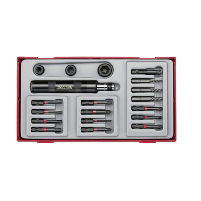 Conjunto de ferramentas com diversas pontas de parafusos em caixa vermelha organizada.