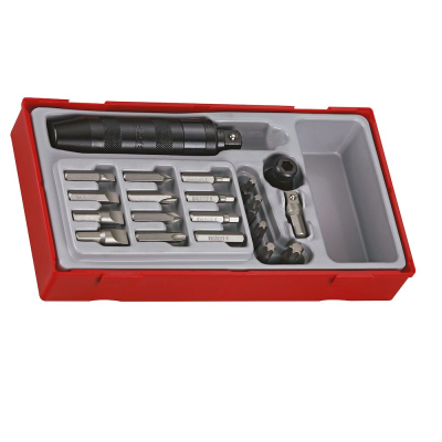 Conjunto de ferramentas com cabo preto e várias pontas metálicas numa caixa vermelha
