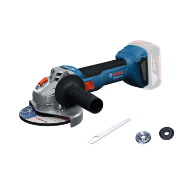 Esmerilhadora angular sem fio azul Bosch com acessórios e bateria 18V desenhada