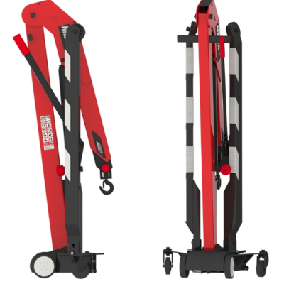 Dispositivo elevatório vermelho e preto com rodas e gancho