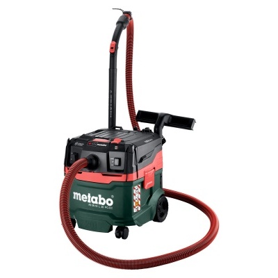 Aspirador industrial Metabo verde, preto e vermelho com mangueira e rodas