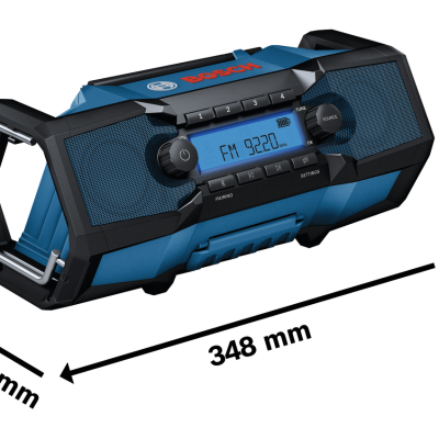 Rádio portátil Bosch azul com visor digital azul e botões para controlo