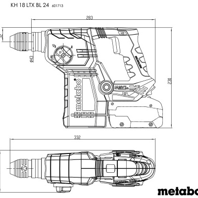 Desenho técnico da ferramenta elétrica Metabo KH 18 LTX BL 24 com dimensões