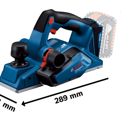 Plaina elétrica azul e preta Bosch com botão preto e suporte para bateria.