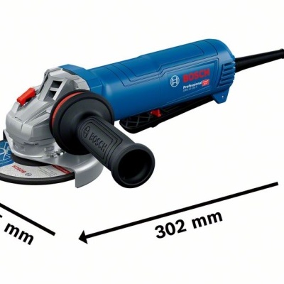 Esmerilhadora Bosch Professional azul e cinza com punho destacável e dimensões indicadas
