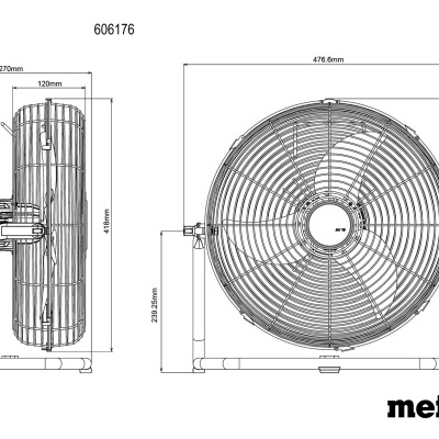 Desenho técnico de ventilador metálico com grelha e dimensões