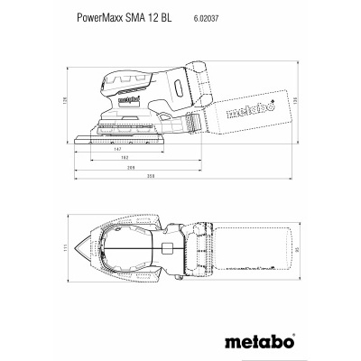 Desenho técnico a preto e branco de uma lixadora elétrica Metabo com dimensões