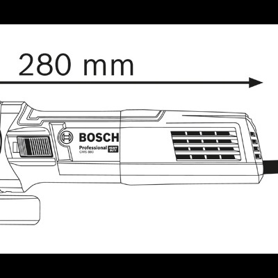 Ferramenta elétrica Bosch Professional preta e branca com dimensões em milímetros