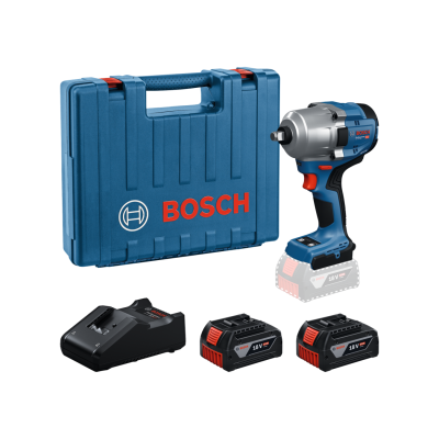 Conjunto de ferramenta Bosch com chave de impacto, acumuladores, carregador e caixa azul.