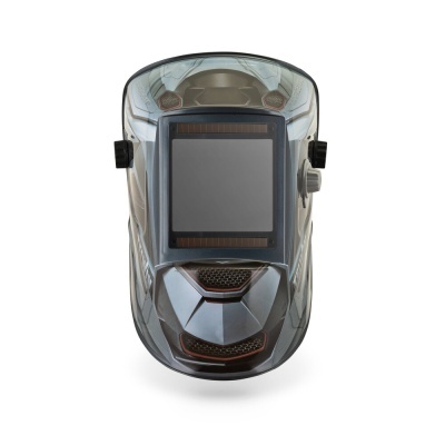 Máscara de soldadura cinzenta e preta com visor retangular escuro