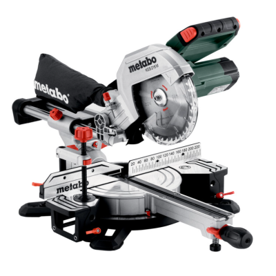 Serra de esquadria Metabo cinza e verde com disco circular e saco coletor