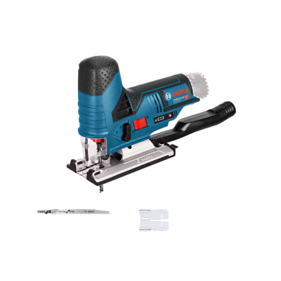 Serra tico-tico a bateria Bosch com lâmina e acessório sobre fundo branco