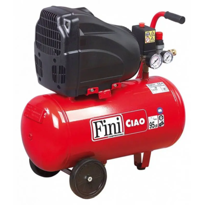 Compressor de ar portátil Fini CIAO vermelho com rodas e motor preto.