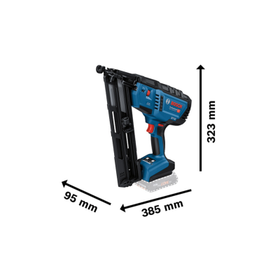 Ferramenta manual para pregar Bosch azul e preto com bateria destacável e dimensões indicadas.