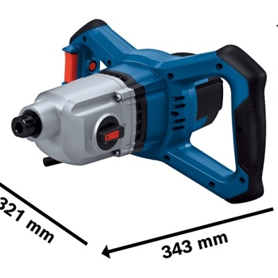 Chave de impacto elétrica azul, preta e cinza com medidas e pega ergonómica