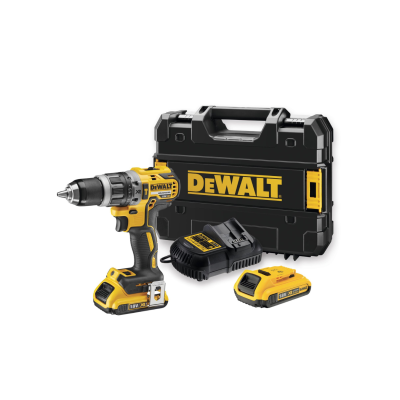 Conjunto ferramenta berbequim DeWalt amarelo e preto com baterias e maleta.