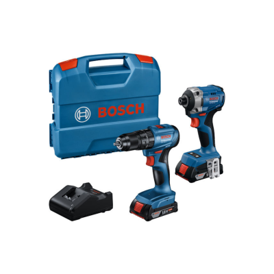 Conjunto Bosch com furadeira, chave de impacto, carregador e estojo azul.