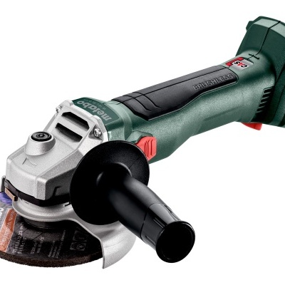 Esmerilhadora Metabo verde e preta com disco de corte e empunhadura lateral