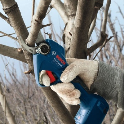 Tesoura de poda elétrica Bosch Professional a ser usada para cortar galhos secos de árvores