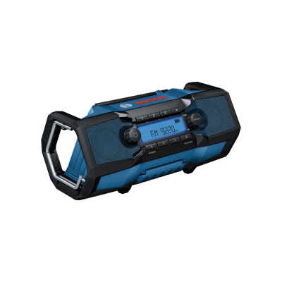 Rádio portátil azul e preto BOSCH com visor digital e botões de controlo