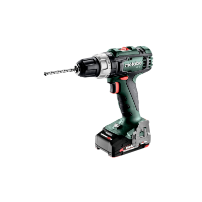 Parafusadeira portátil Metabo verde e preta com broca e bateria