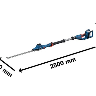 Aparelho de poda telescópico azul escuro com detalhes vermelhos e cinza, dimensões indicadas.