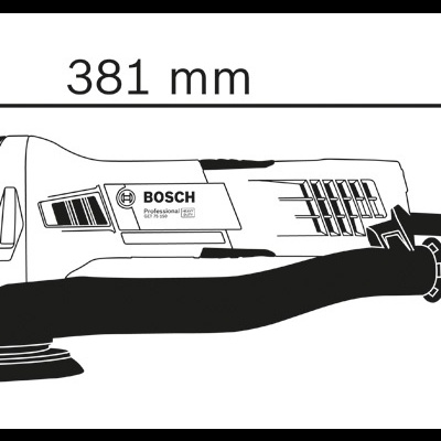 Lixadeira elétrica BOSCH preta e branca com dimensões 381 mm por 140 mm
