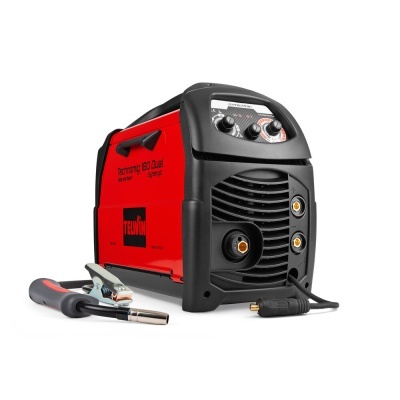 Máquina de soldar vermelha e preta com cabos e acessórios