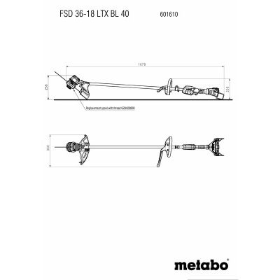 Desenho técnico de ferramenta Metabo com dimensões e identificações.