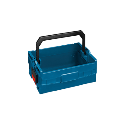 Caixa azul de plástico com pega preta e trava vermelha