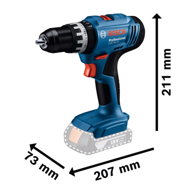 Parafusadeira elétrica Bosch Professional azul e preto com medidas destacadas