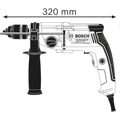 Broca elétrica Bosch Professional GSB 13 RE com punho adicional e dimensões indicadas