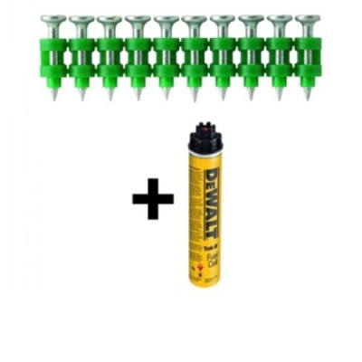 Pinos verdes e transparentes alinhados e lata amarela DEWALT