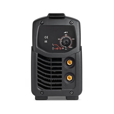 Maquina para soldar preta com mostrador circular e duas conexões douradas.