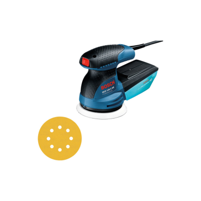 Lixadeira orbital BOSCH azul e preto com botão vermelho e disco amarelo com furos