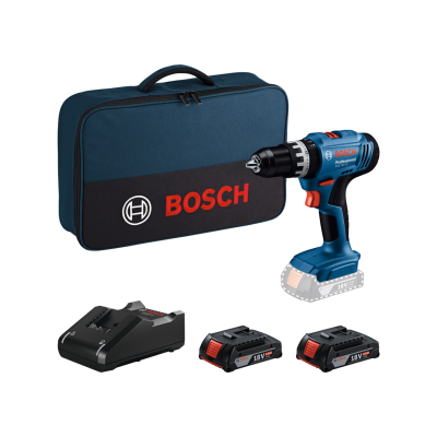 Mala azul e preta Bosch, furadeira/parafusadora azul Bosch Professional GSB 18V-25, duas baterias 18V 2.0Ah Li-ion e carregador preto.