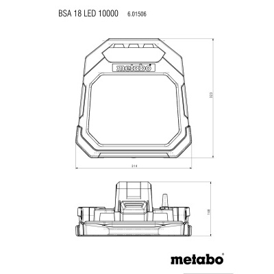 Desenho técnico de lanterna metálica quadrada com marca metabo