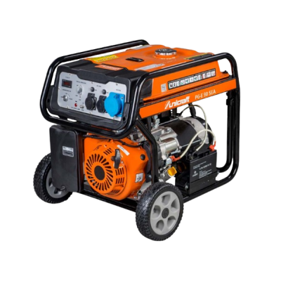 Gerador portátil laranja e preto com rodas e painel de controlo