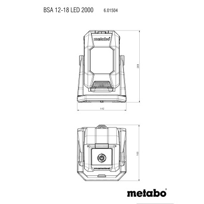 Desenho técnico de bateria recarregável Metabo com texto e dimensões
