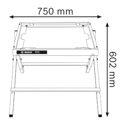 Estrutura metálica branca com etiqueta Bosch e dimensões 750 mm x 602 mm