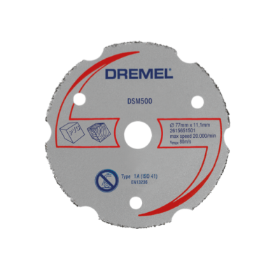 Disco de corte Dremel DSM500 cinzento com detalhes vermelhos e azuis