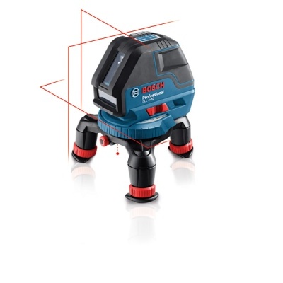 Laser de nivelamento Bosch Professional azul e preto com tripé e linhas laser vermelhas