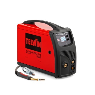 Máquina de soldar TELWIN Technomig 250 Dual vermelha e preta com punho ecrã digital
