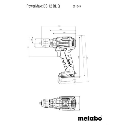 Desenho técnico de ferramenta elétrica PowerMaxx BS 12 BL Q da Metabo com medidas