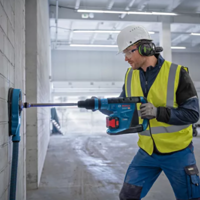 Homem a usar furadeira elétrica Bosch para furar parede em ambiente industrial