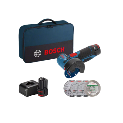 Conjunto de ferramentas Bosch com ferramenta, bateria, carregador, discos de corte e bolsa
