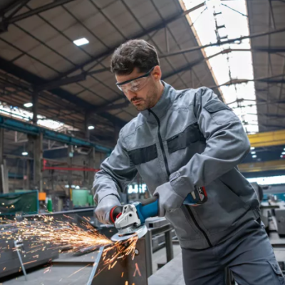 Homem em ambiente industrial a usar esmerilhadora com faíscas