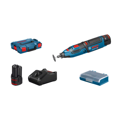 Conjunto de ferramentas rotativas Bosch com bateria, carregador e caixas em fundo branco