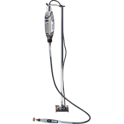 Ferramenta rotativa Dremel cinza com cabo flexível e suporte metálico