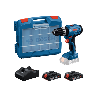 Conjunto de ferramenta Bosch Professional com parafusadeira azul e preta, mala azul com vermelho e transparente, carregador e duas baterias negras.